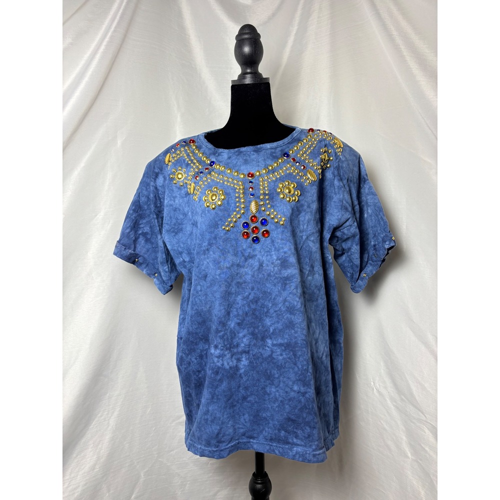 BOOS Vintage T-Shirt Women One Size Blue Acid Wash Studded Jeweled Very Good